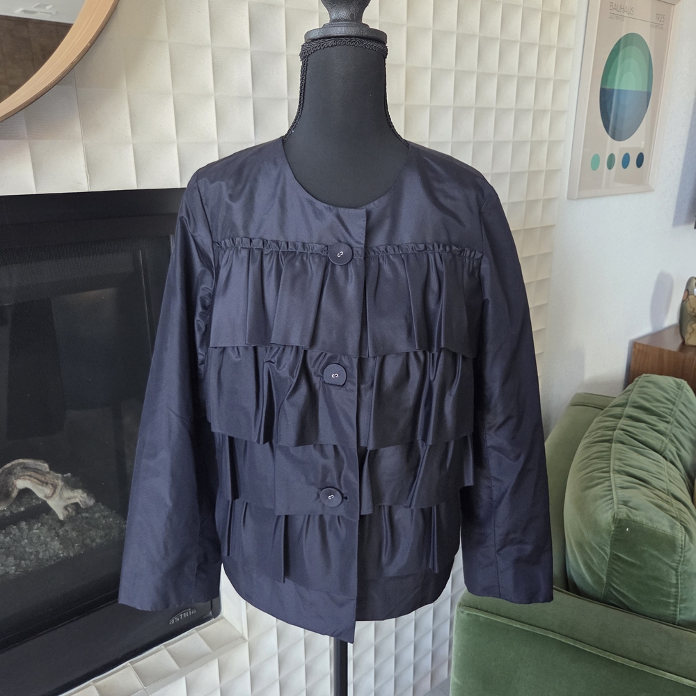 J. Crew 100% Silk Jacket Blazer, Ruffle Tiered Navy Single Button Closure Size 8